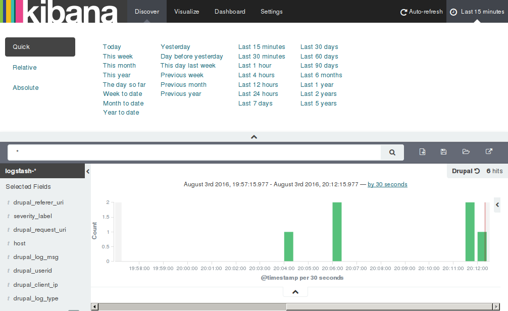 Search interval selection in Kibana.