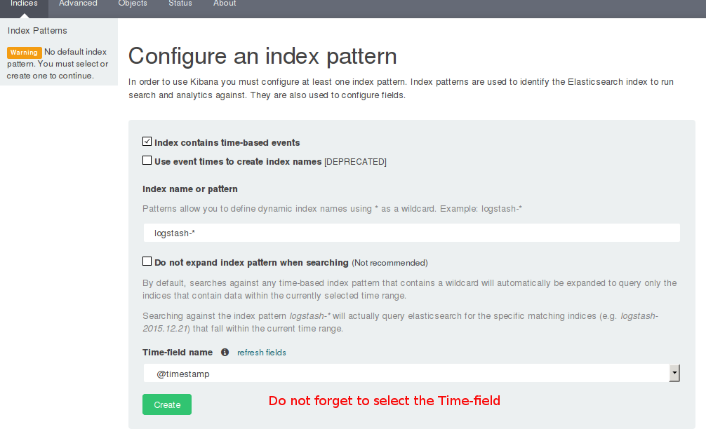 Kibana's index setup page.